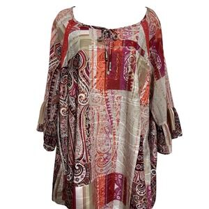 Catherines Tunic Top Shirt Womens OX Paisley Patchwork Bell Sleeve Tie Neck BOHO